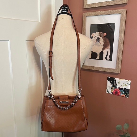 NWOT Guess Hillsdale Elegant Dark tan braided chain detail crossbody satchel bag - Picture 2 of 13